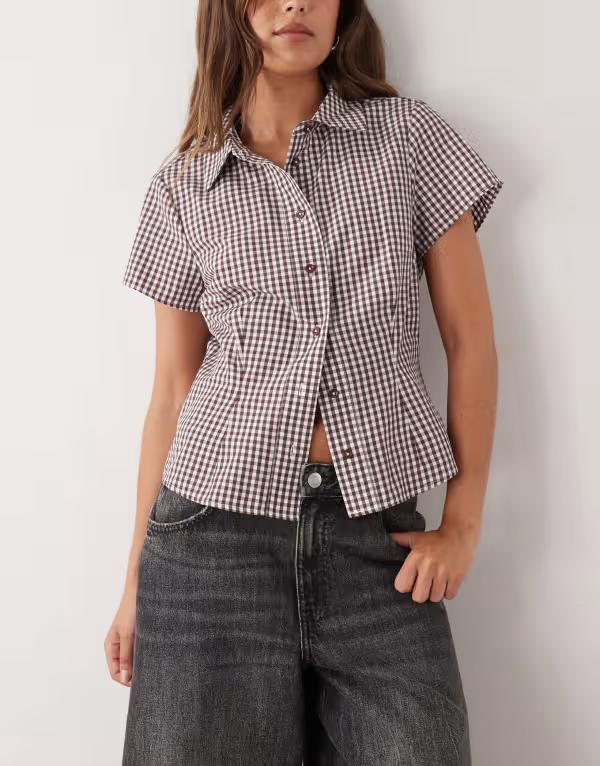 コルージョン レディース トップス シャツ ギンガムチェック ギンガム COLLUSION fitted short sleeve shirt gingham Burgundy バーガンディ