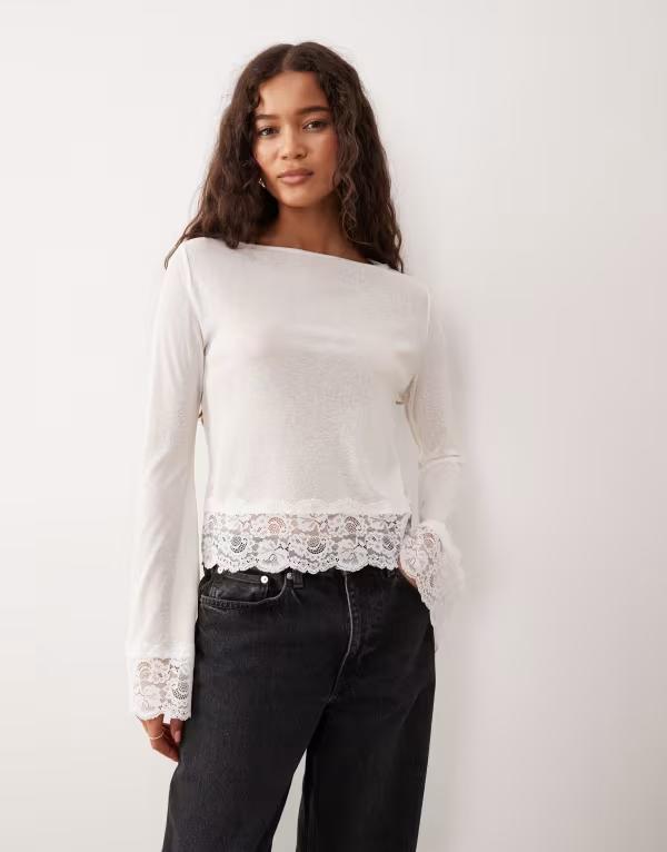 エイソス レディース トップス シャツ シアー レース ASOS DESIGN sheer lace hem top in ecru エクリュ