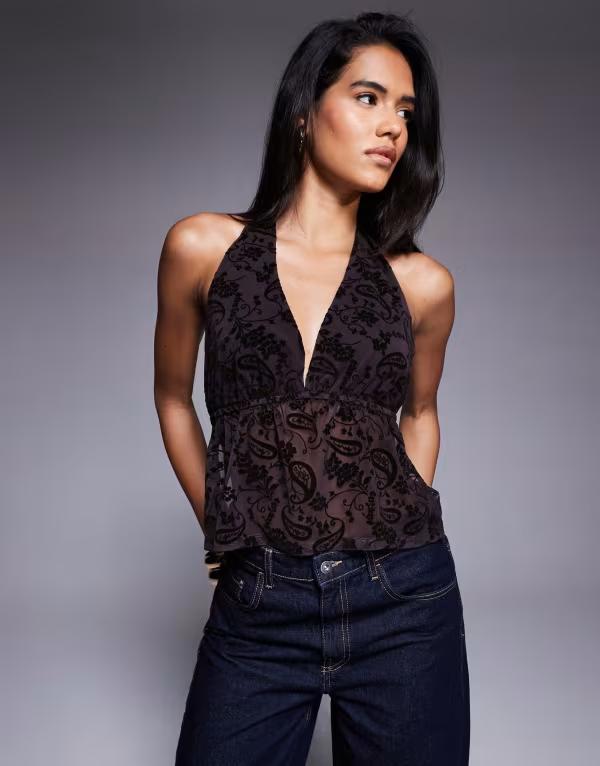 エイソス レディース トップス シャツ 背中開き フラワー柄 メッシュ シアー フラワー ホルター ASOS DESIGN sheer flocked floral mesh backless halter top Black ブラック