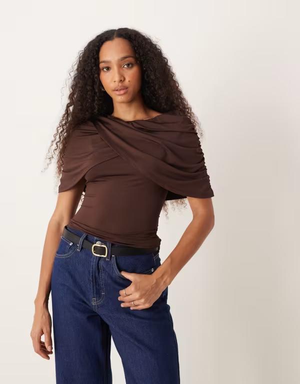 エイソス レディース トップス シャツ ケープデザイン キャップ ケープ ASOS DESIGN wrap over slash neck cape top BROWN ブラウン