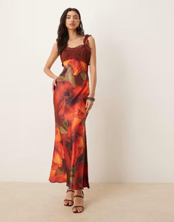 エイソス レディース トップス 衣装 シフォン 御花柄 刷り上げる midi 旗がしら 御花 ASOS DESIGN cap sleeve chiffon MIDI dress floral print Red floral 赤いこと