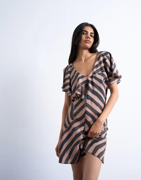 とっ始め販売店 レディース トップス 衣装 非対称 ミニ Topshop asymmetric frill mini dress インチ abstract choc stripe BROWN 赤銅色
