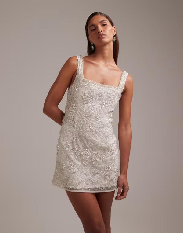 エイソス レディース トップス ワンピース ミニ ASOS DESIGN ornate crystal embellished square neck mini dress Ivory アイボリー｜ReVida 店 58,680円