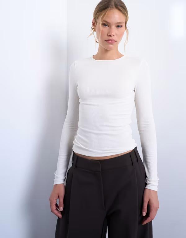 トップショップ レディース トップス Tシャツ Topshopremium rib long sleeve top in ecru エクリュ｜ReVida 店 8,626円