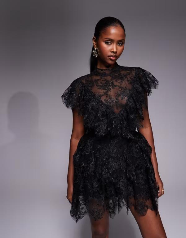 バードット レディース トップス ワンピース ハイネック フリル ミニ レース Bardotarryn high neck lace ruffle detailing scalloped hemini dress Black ブラック