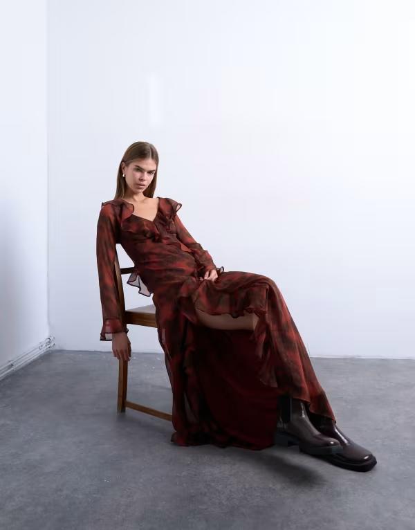 とっ始め販売店 レディース トップス 衣装 御花柄 フラウンス マキシ 御花 Topshop long sleeve ruffle neck maxi dress インチ blurred rusty floral Brown 赤銅色
