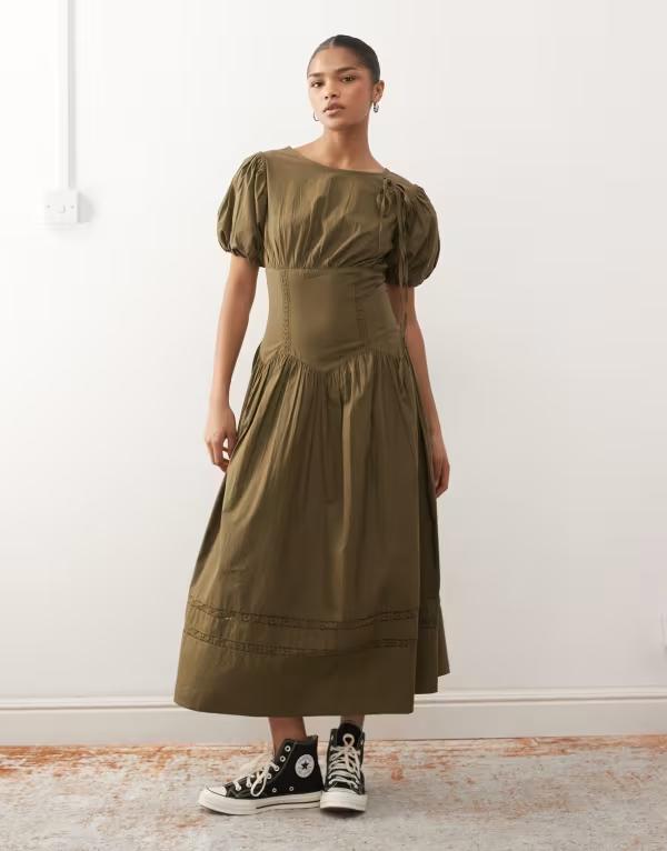 リクレイム ヴィンテージ レディース トップス 衣装 midi Reclaimed Vintage MIDI dress with puff sleeves and tie front detail Green 緑であること