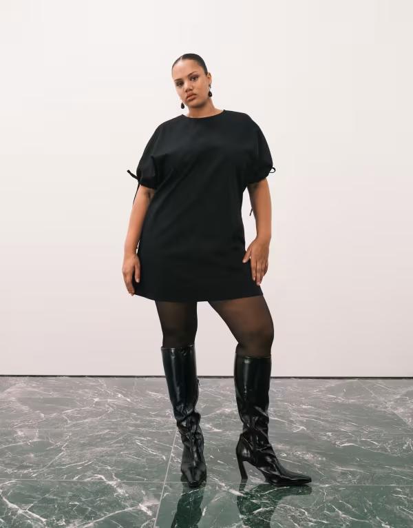 エイソス レディース トップス ワンピース クルーネック ミニ ASOS Curve ASOS DESIGN Curve crew neck mini dress with tie sleeve detail Black ブラック