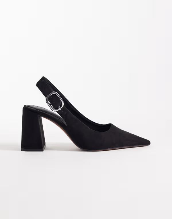 エイソス レディース シューズ 踵 スエードクロス ASOS DESIGN Surrey slingback mid block heelsuedette Black suedette 黒いこと 靴-ミュール