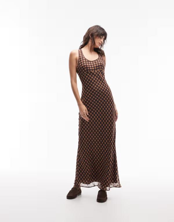 エイソス レディース トップス ワンピース プリント マキシ ASOS DESIGN scoop neck slip maxi dress plaid print Brown check ブラウン