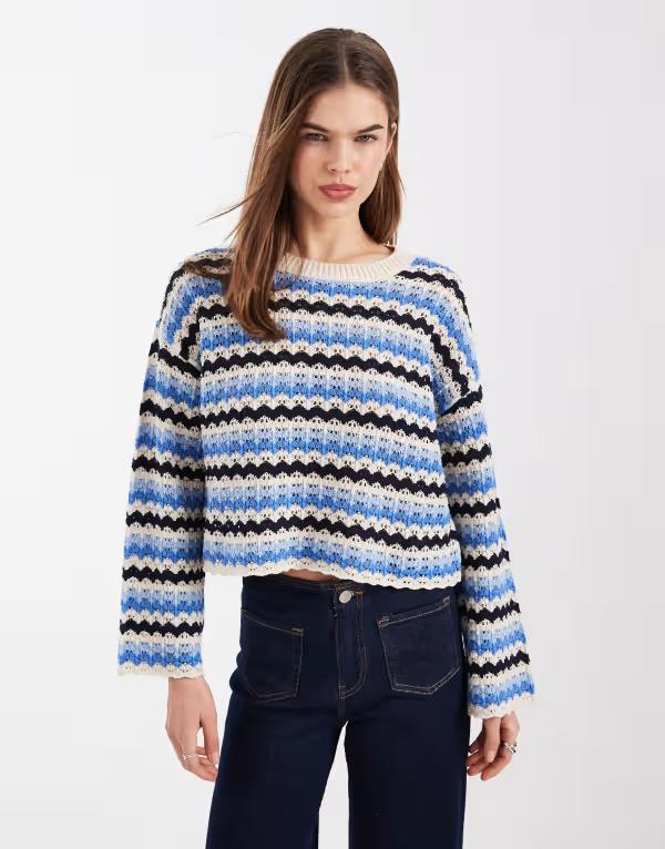 オンリー レディース アウター ニット・セーター クロップド ONLY long sleeve cropped crochetop stripes BIRCH ブルー