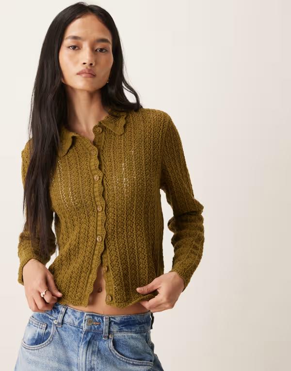 ジェイディーワイ レディース アウター カーディガン ポロシャツ ニット JDY open knit polo neck cardigan Fir green グリーン