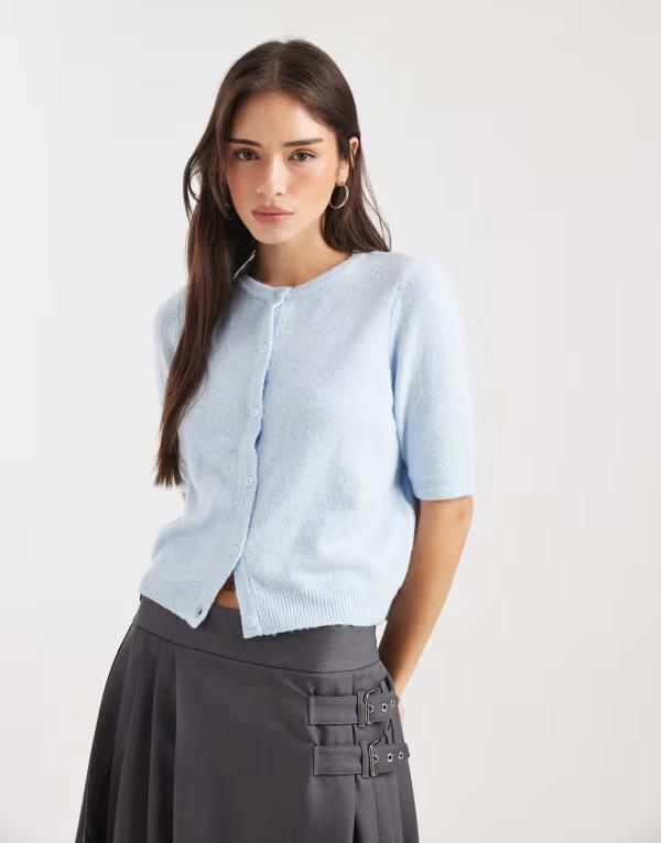 ヴェロモーダ レディース アウター カーディガン ニット Vero Moda round necknit short sleeve cardigan in soft Heathered Blue ブルー