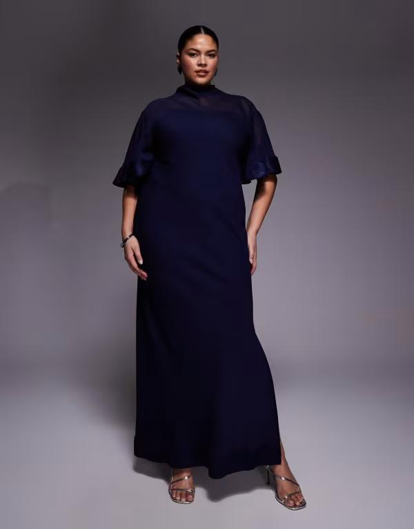 エイソス レディース トップス ワンピース シフォン サテン コントラスト ASOS Curve ASOS DESIGN Curve half wide sleeve column chiffon and satin contrast dress Navy ネイビー