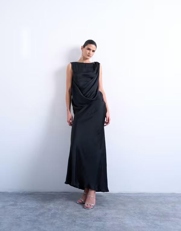 トップショップ レディース トップス ワンピース ドレープ サテン マキシ Topshop satin slash neck draped cowl front maxi dress Black ブラック