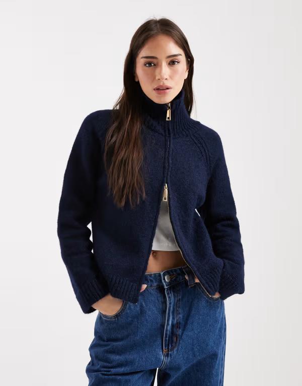 エイソス レディース アウター ニット・セーター ウール ASOS DESIGN chunky wool blendouble zip up sweater Navy ネイビー