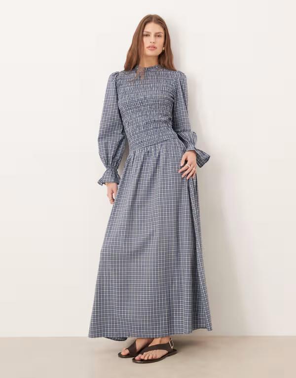 グラマラス レディース トップス ワンピース マキシ Glamorous long sleeve dropped waist maxi dress green plaid BLUE GREEN PLAID ブルー｜ReVida 店
