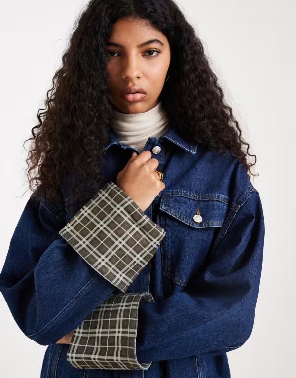 エイソス レディース アウター ジャケット・ブルゾン プリント デニム ASOS DESIGN denim oversized jacket with plaid print cuff detail indigo INDIGO インディゴ