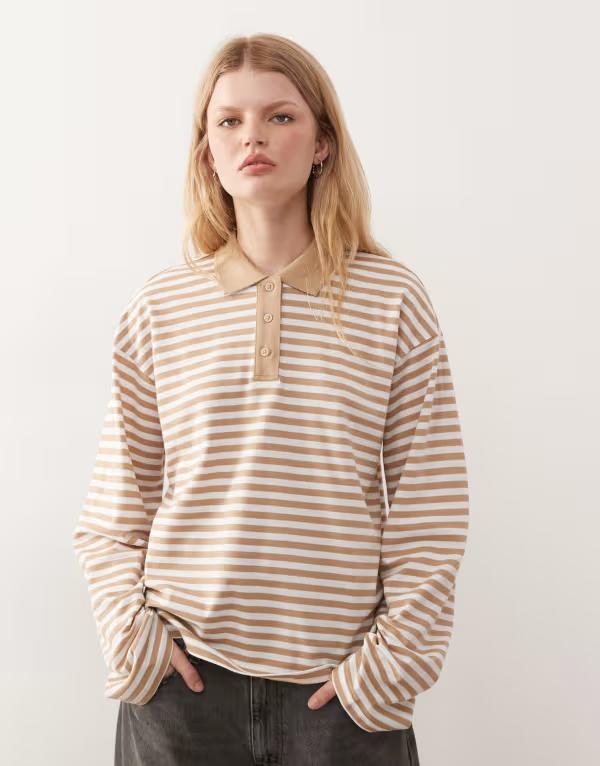 モンキ レディース トップス タンクトップ ポロシャツ Monki long sleeve oversized rugby polo shirt and white stripes White ホワイト