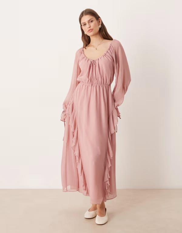 グラマラス レディース トップス ワンピース シフォン フリル Glamorous boho ruffled chiffon midaxi dress blush Pink blush ピンク