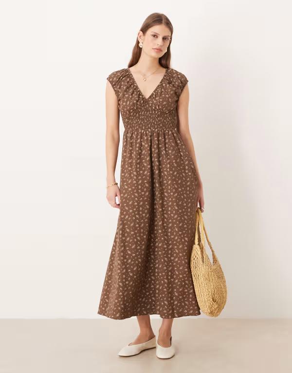 グラマラス レディース トップス 衣装 御花柄 御花 Glamoroushirred waist midaxi dress floral Brown Floral 赤銅色