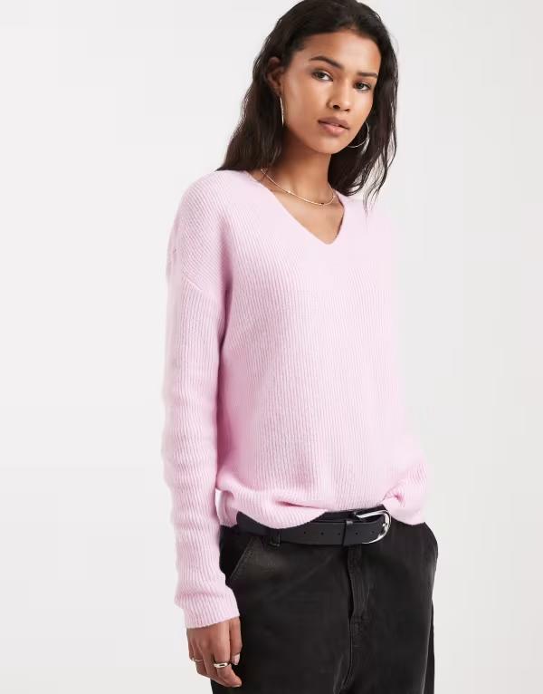 オンリー レディース アウター ニット・セーター Vネック ONLY v-neck slouchy sweater in light Pink Lady ピンク