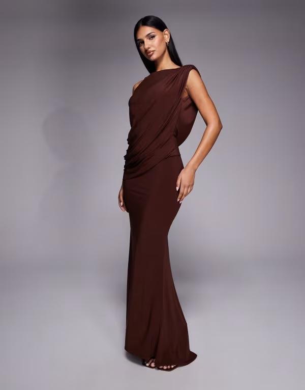 エイソス レディース トップス 衣装 ドレープ ノースリーブ マキシ ASOS DESIGN slash neck sleeveless with drape bodice maxi dress インチ chocolate Brown 赤銅色