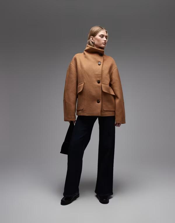 マンゴ レディース アウター ジャケット・ブルゾン スタンドネック ウール Mango wool mix funnel neck jacket in tan タン