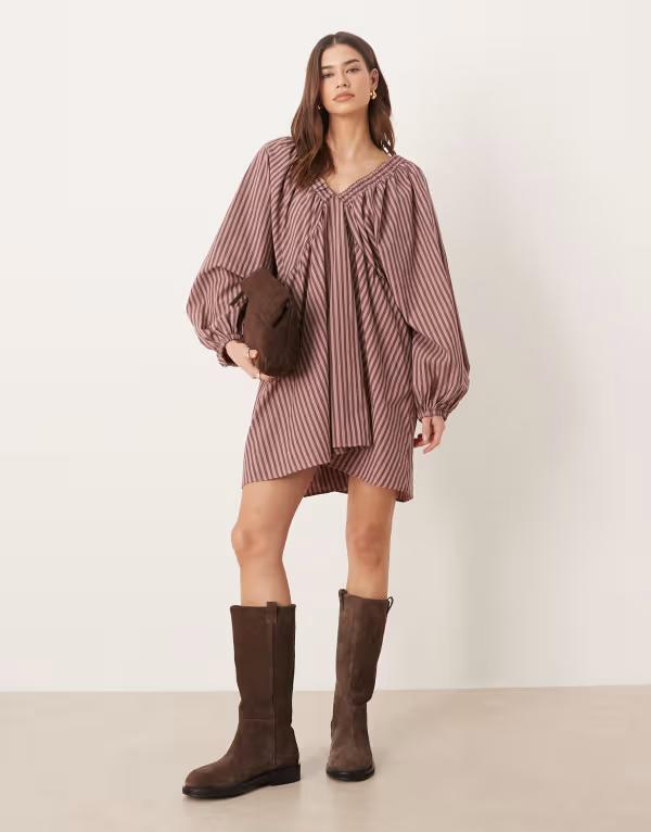 エイソス レディース トップス ワンピース ミニ ASOS DESIGN babydoll mini dress in chocolate stripe Pink Stripe ピンク