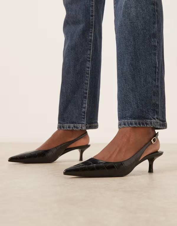 マンゴ レディース シューズ ヒール Mango faux croc textured slingbackitten heels Black ブラック