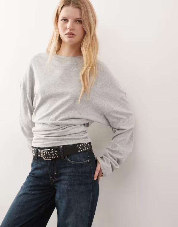 ウィークデイ レディース トップス Tシャツ Weekday volume long sleeve top with cinched gathered waist melange Light Gray Melange グレー