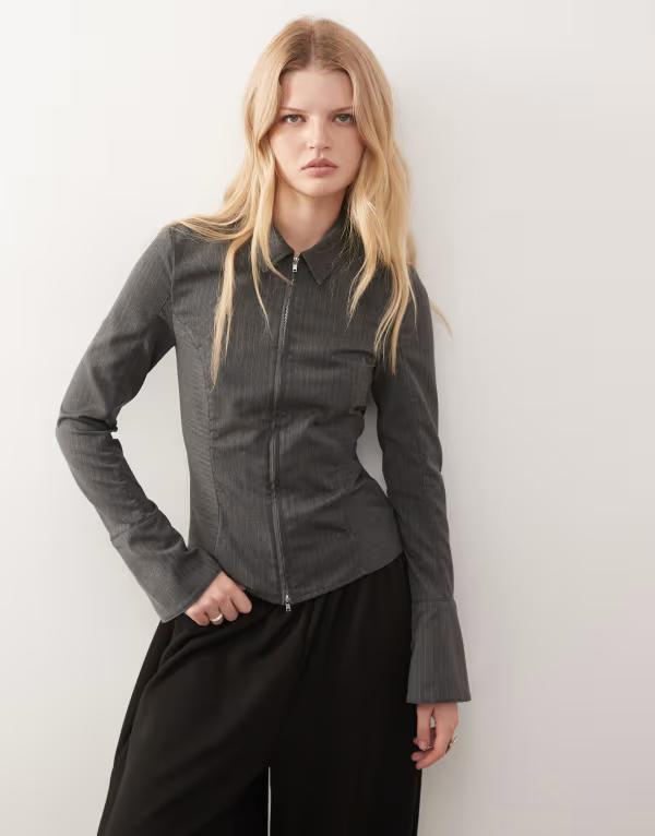 ウィークデイ レディース トップス シャツ Weekday zip up shirt with flare sleeve detail melange herringbone Gray herringbone グレー