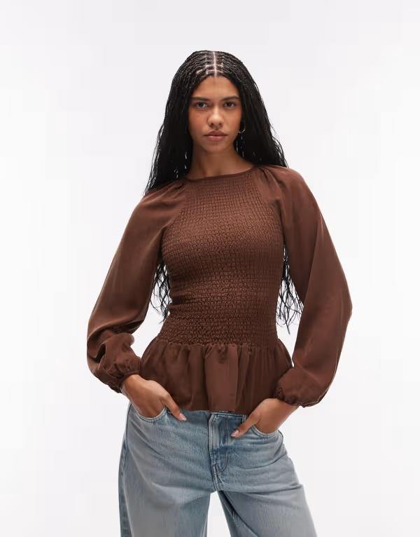 エイソス レディース トップス プルオーバー トップ ASOS DESIGN lyocell shirred raglan sleeve blouse インチ chocolate 黒茶