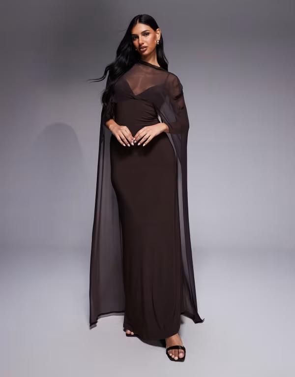 エイソス レディース トップス 衣装 ケープひな型 旗がしら ケープ マキシ ASOS DESIGN exaggerated cape maxi dress インチ chocolate 黒茶