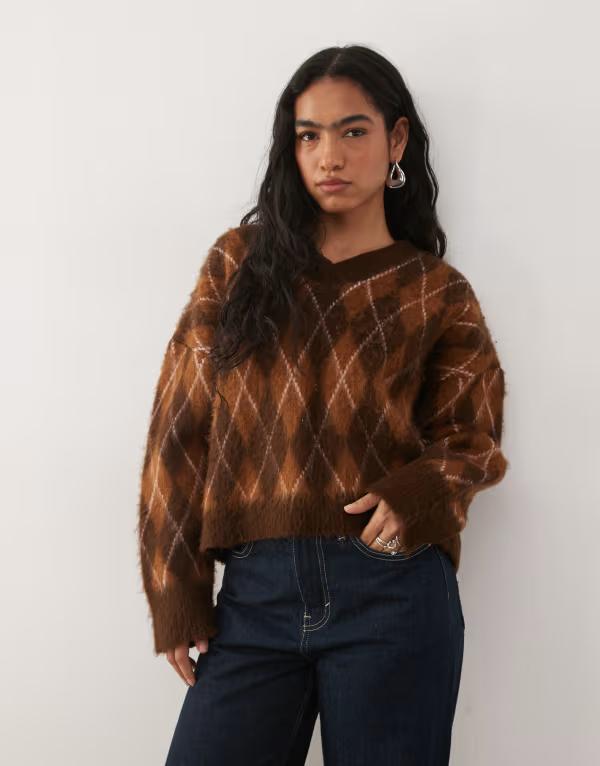 リクレイム ヴィンテージ レディース アウター ニット・セーター Vネック Reclaimed Vintage V-neck sweater and orange arygle BROWN ブラウン 14,585円