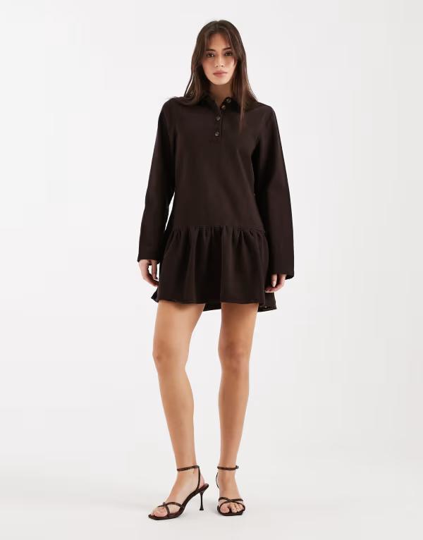 エイソス レディース トップス ワンピース ミニ デニム ASOS DESIGN denim drop waist mini dress in long sleeve BROWN ブラウン 16,410円