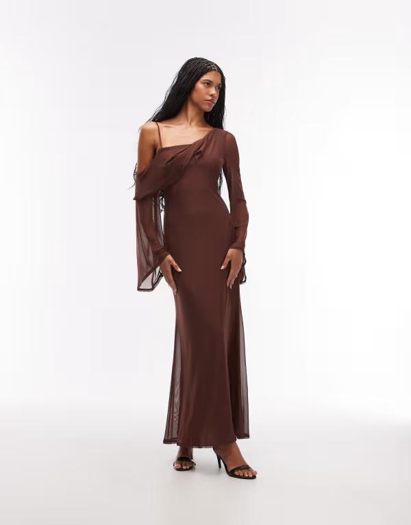 エイソス レディース トップス ワンピース メッシュ マキシ ASOS DESIGN mesh folded neckline maxi dress with fallen shoulder in chestnut Brown ブラウン