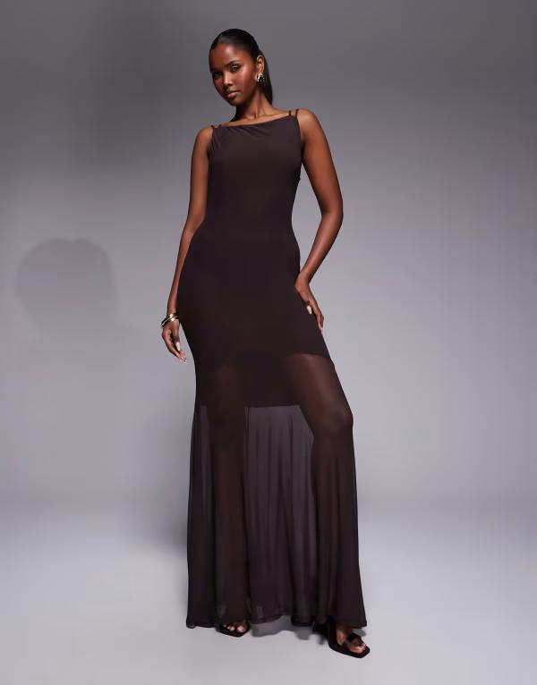 エイソス レディース トップス ワンピース オープンバック ハイネック メッシュ マキシ ASOS DESIGN meshigh neck maxi dress with open back andouble strap detail in chocolate Brown ブラウン