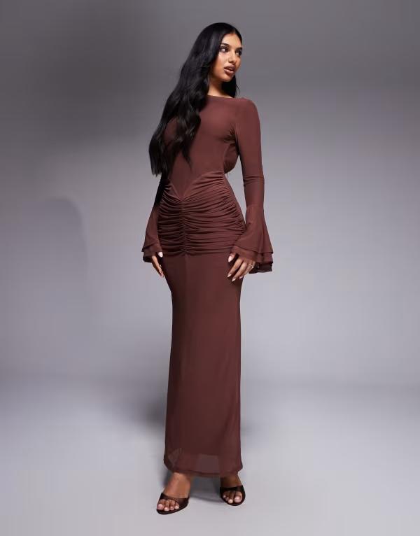 エイソス レディース トップス ワンピース メッシュ マキシ ASOS DESIGN mesh flute sleeve maxi with plunge back detail dress in chocolate チョコレート