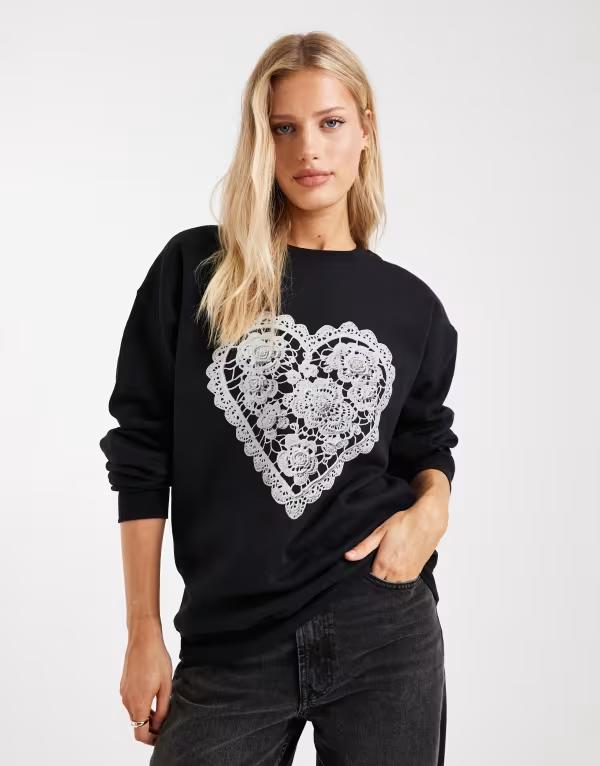 ミスセルフフリッジ レディース アウター パーカー・スウェット プルオーバー スピード競技 Misselfridge lace heart sweatshirt Black 黒いこと