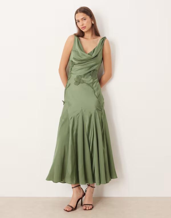 エイソス レディース トップス ワンピース サテン マキシ フラワー ASOS DESIGN satin cowl neck godet maxi dress with 3D organza florals Khaki カーキ
