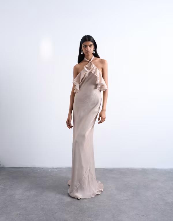 トップショップ レディース トップス ワンピース マキシ ホルター Topshop frill halter neck maxi dress in iridescent mink ミンク｜ReVida 店 26,520円