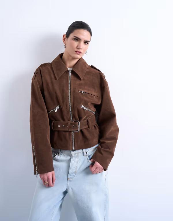 トップショップ レディース アウター ジャケット・ブルゾン スエード Topshop faux suede low belted biker jacket in washed brown ブラウン｜ReVida 店