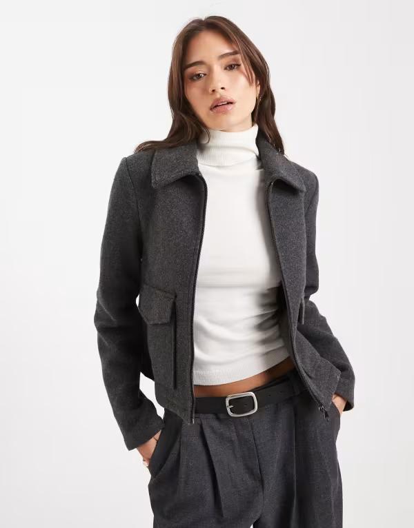 ヴェロモーダ レディース アウター 上衣・上衣 クロップド Vero Moda cropped felt jacket with pockets インチ dark heather Dark Gray Melange 薄墨色