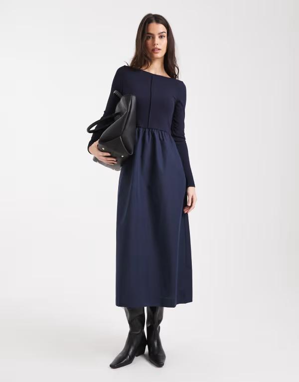 スリードベア レディース トップス ワンピース ミディ Threadbare boat neck midi dress with seam detail NAVY ネイビー