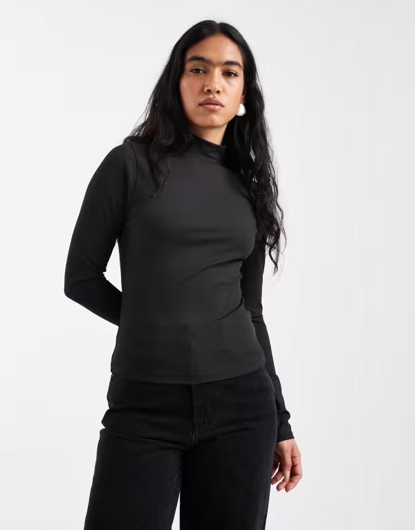 エイソス レディース トップス Tシャツ ハイネック ASOS DESIGN Sculpting high neck long sleeve top Black ブラック