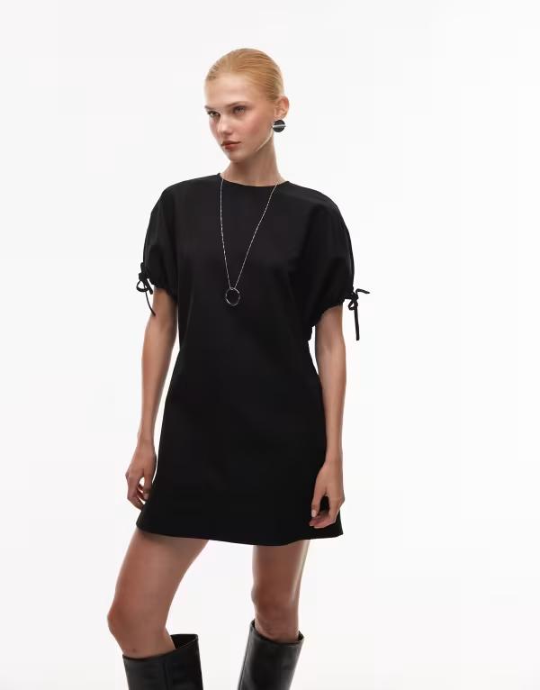 エイソス レディース トップス ワンピース クルーネック ミニ ASOS DESIGN crew neck mini dress with tie sleeve detail Black ブラック｜ReVida 店