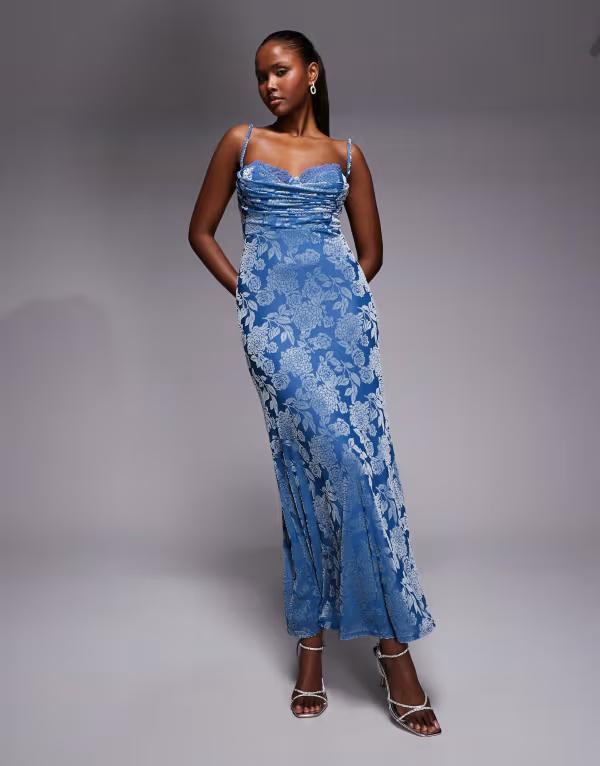 レア レディース トップス ワンピース フラワー柄 ベルベット レース マキシ フラワー Rare London velvet floral burnout lace bust detail open strappy back maxi dress Blue floral ブルー