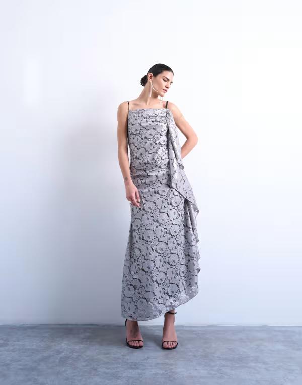 トップショップ レディース トップス ワンピース レース マキシ Topshop heavy foiled lace maxi dressilver シルバー