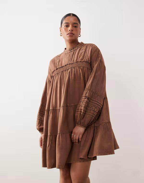 エイソス レディース トップス 衣装 スピード競技刈り込み ミニ スピード競技 ASOS Curve ASOS DESIGN Curve mini smock dress with lace trim インチ washed chocolate Brown 赤銅色
